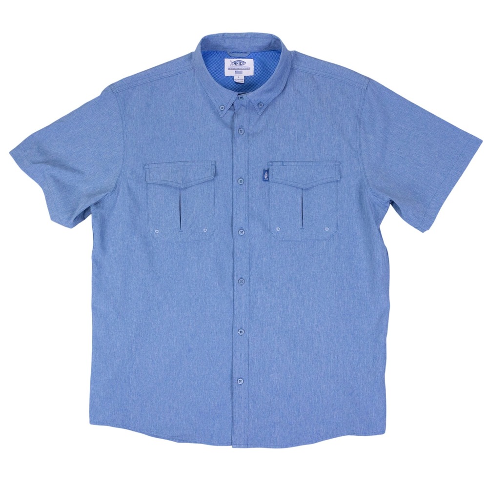 AFTCO AFTECH Fishing Shirt Mens L Blue Polyester Ventilated Mesh Back Lens Clean